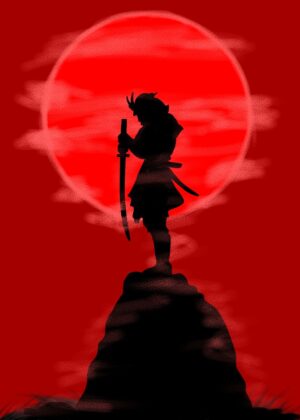 Samurai Silhouette: A Crimson Sunset Masterpiece - Premium Wooden Framed Poster. Ready to Hang.