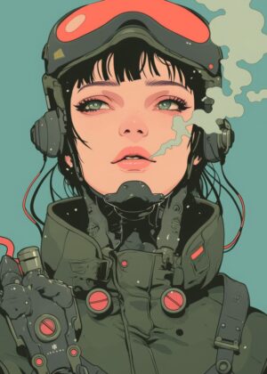 Cyberpunk Girl Smoking: Futuristic Art Print - Premium Wooden Framed Poster. Ready to Hang.
