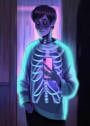Fragments of a Digital Afterlife: A Surreal Digital Portrait - Premium Wooden Framed Poster. Ready to Hang.