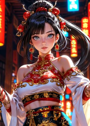 Elegant Warrior in Traditional Eastern Attire - Premium Wooden Framed Poster. Ready to Hang.