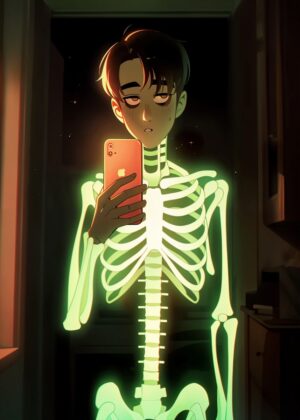 Mirror of the Phantom: A Glowing Skeleton Self-Portrait - Premium Wooden Framed Poster. Ready to Hang.
