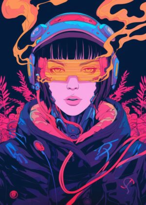 Cyberpunk Girl: Neon Dreams - Premium Wooden Framed Poster. Ready to Hang.