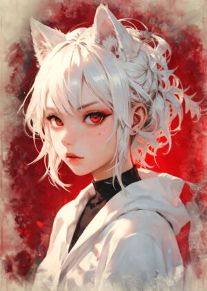 Fierce White-Haired Fox Spirit: Anime Art Print - Premium Wooden Framed Poster. Ready to Hang.