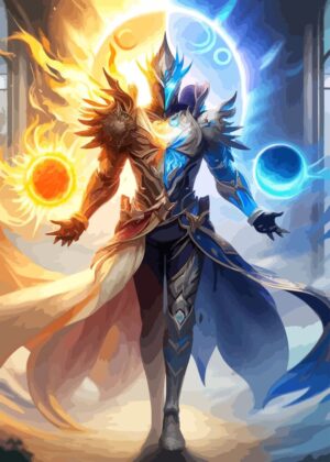 Dual-Element Warrior Anime Art Print - Premium Wooden Framed Poster. Ready to Hang.
