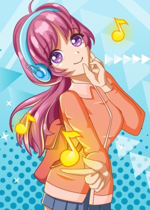Anime Girl Listening to Music - Premium Wooden Framed Poster. Ready to Hang.