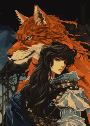 Anime Fox Spirit and Woman: Mystical Fantasy Art - Premium Wooden Framed Poster. Ready to Hang.