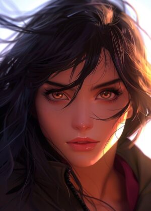Pensive Beauty: Amber Eyes in the Wind - Premium Wooden Framed Poster. Ready to Hang.