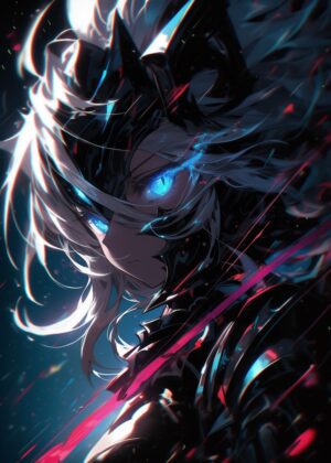Anime Girl with Striking Blue Eyes: Digital Art Print - Premium Wooden Framed Poster. Ready to Hang.