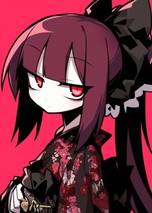 Anime Girl with Red Eyes: Dark Academia Fashion - Premium Wooden Framed Poster. Ready to Hang.