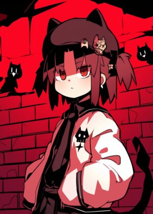 Cat Girl in Red: Anime Art Print - Premium Wooden Framed Poster. Ready to Hang.