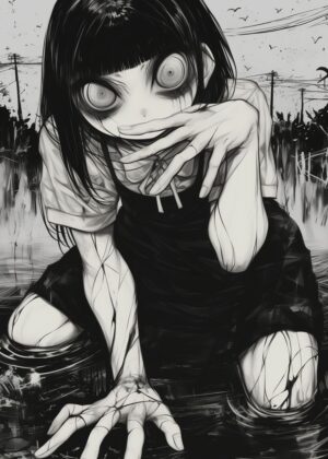 Creepy Anime Girl Art Print - Premium Wooden Framed Poster. Ready to Hang.