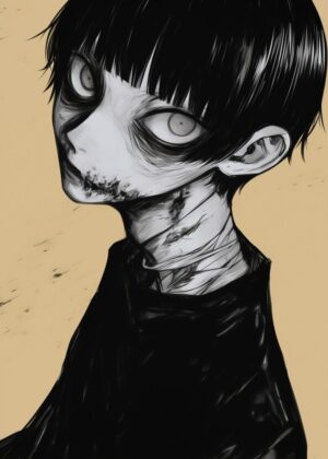 Disturbed Boy: A Haunting Illustration - Premium Wooden Framed Poster. Ready to Hang.