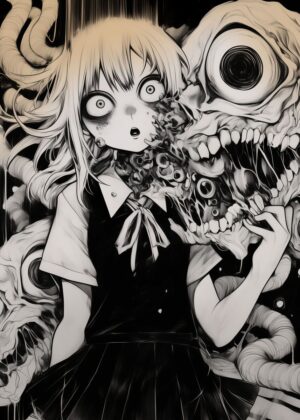 Horror Anime Girl: Dark Fantasy Art Print - Premium Wooden Framed Poster. Ready to Hang.