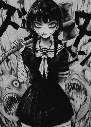 Dark Anime Girl with Axe: Monochrome Gothic Horror Illustration - Premium Wooden Framed Poster. Ready to Hang.