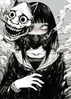 Anime Girl with Gas Mask and Oni Mask - Premium Wooden Framed Poster. Ready to Hang.