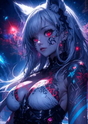 Anime Girl with Fiery Red Eyes and Intricate Tattoos - Premium Wooden Framed Poster. Ready to Hang.