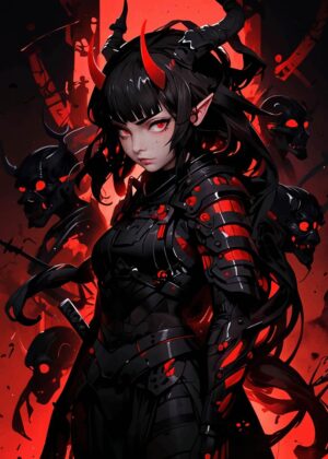 Demonic Samurai Girl: Dark Fantasy Art Print - Premium Wooden Framed Poster. Ready to Hang.