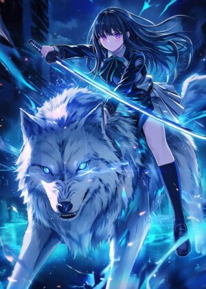 Anime Girl Riding a Wolf: A Mystical Journey - Premium Wooden Framed Poster. Ready to Hang.