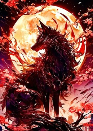 Mystical Black Wolf Under Crimson Moon - Premium Wooden Framed Poster. Ready to Hang.