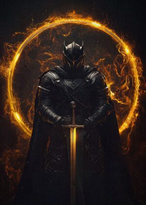 Knight in Fiery Ring: Dark Fantasy Artwork - Premium Wooden Framed Poster. Ready to Hang.