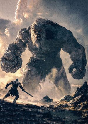 Giant Warrior: Epic Fantasy Art Print - Premium Wooden Framed Poster. Ready to Hang.