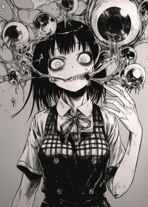 Horror Anime Girl with Eyes: Disturbingly Beautiful Artwork - Premium Wooden Framed Poster. Ready to Hang.