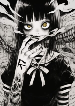 Dark Anime Girl and Monster Art Print - Premium Wooden Framed Poster. Ready to Hang.