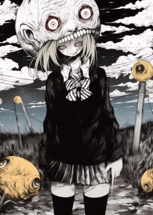 Disturbed Anime Girl: Dark Fantasy Artwork - Premium Wooden Framed Poster. Ready to Hang.