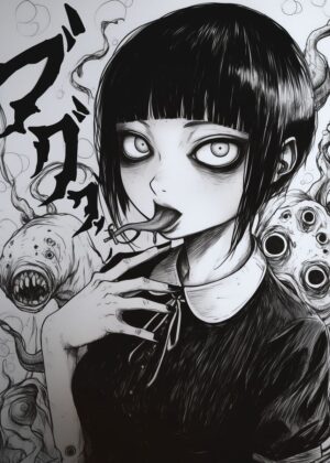 Creepy Anime Girl Art Print - Premium Wooden Framed Poster. Ready to Hang.