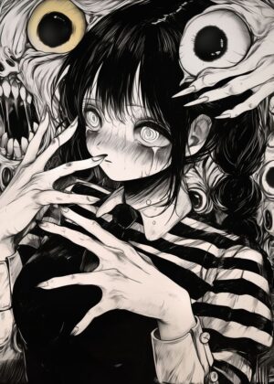 Disturbed Anime Girl: A Dark Fantasy Illustration - Premium Wooden Framed Poster. Ready to Hang.