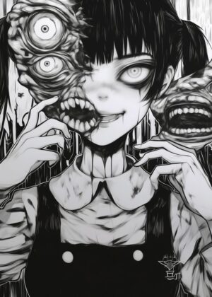 Creepy Anime Girl with Monster Mask: Dark Fantasy Art Print - Premium Wooden Framed Poster. Ready to Hang.