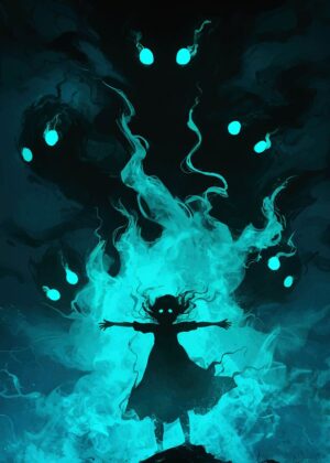 Girl in Blue Flames: A Mystical Digital Art Print - Premium Wooden Framed Poster. Ready to Hang.
