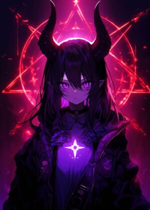 Dark Anime Demon Girl Art Print - Premium Wooden Framed Poster. Ready to Hang.
