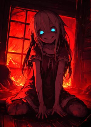 Creepy Anime Girl in a Fiery Inferno - Premium Wooden Framed Poster. Ready to Hang.