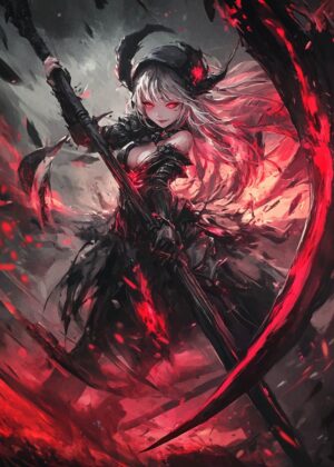 Dark Anime Warrior: Fiery Battle Maiden - Premium Wooden Framed Poster. Ready to Hang.