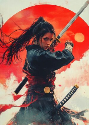 Samurai Woman Warrior: A Fierce Digital Painting - Premium Wooden Framed Poster. Ready to Hang.