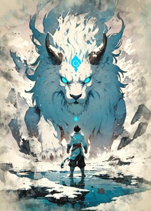 White Lion Spirit: A Majestic Encounter - Premium Wooden Framed Poster. Ready to Hang.