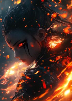 Fiery Anime Girl: Embracing the Inferno - Premium Wooden Framed Poster. Ready to Hang.
