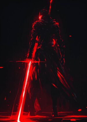 Red-Glowing Warrior: Dark Fantasy Art Print - Premium Wooden Framed Poster. Ready to Hang.