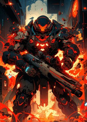 Cyberpunk Mech Warrior: Digital Art Print - Premium Wooden Framed Poster. Ready to Hang.