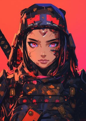 Cyberpunk Samurai Woman: Digital Art Print - Premium Wooden Framed Poster. Ready to Hang.