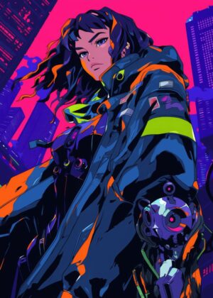 Cyberpunk Anime Girl: Neon Nights - Premium Wooden Framed Poster. Ready to Hang.