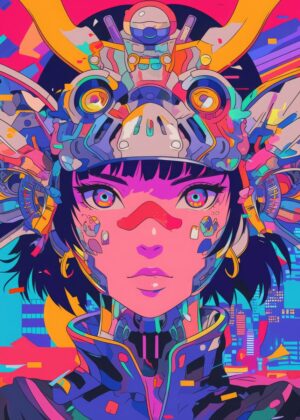 Cyberpunk Samurai Girl: Neon Dreams - Premium Wooden Framed Poster. Ready to Hang.