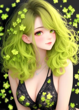 Lime Locks: Anime Girl with Vibrant Green Hair - Premium Wooden Framed Poster. Ready to Hang.