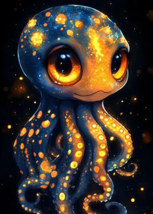 Adorable Glowing Octopus Art Print - Premium Wooden Framed Poster. Ready to Hang.