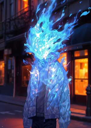 Nocturnal Firelight: A Cityscape of Ethereal Flames - Premium Wooden Framed Poster. Ready to Hang.