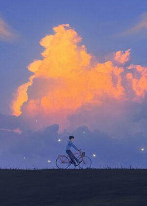 Sunset Cycle: A Serene Evening Ride - Premium Wooden Framed Poster. Ready to Hang.