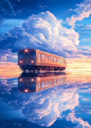 Train Reflection in a Dreamlike Sky - Premium Wooden Framed Poster. Ready to Hang.