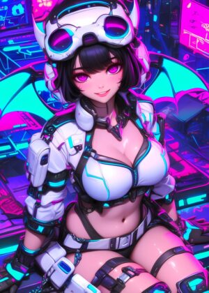 Cyberpunk Anime Girl: Neon Dreams - Premium Wooden Framed Poster. Ready to Hang.