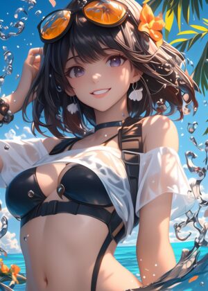 Anime Girl Summer Beach - Premium Wooden Framed Poster. Ready to Hang.
